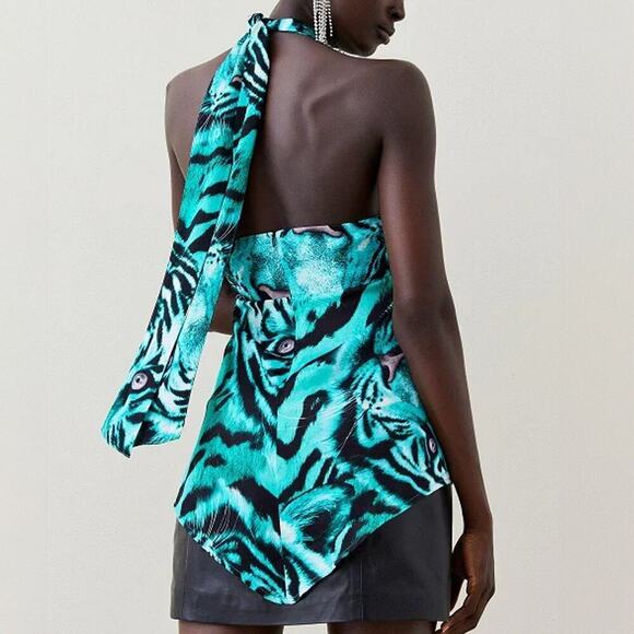 Karen Millen Turquoise Black Tiger Satin Tunic Top Size US 2 - Picture 2 of 8